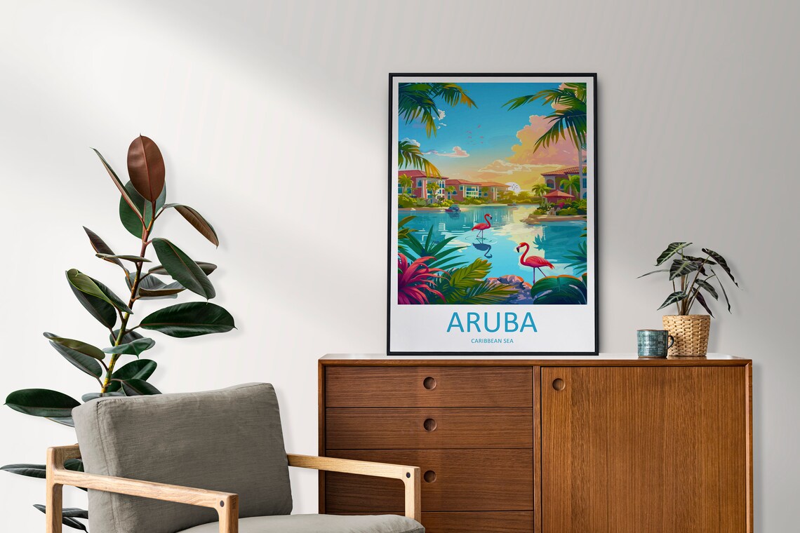 Aruba Caribbean Flamingo Lagoon Island Resort Sunset Travel Poster - Image 2