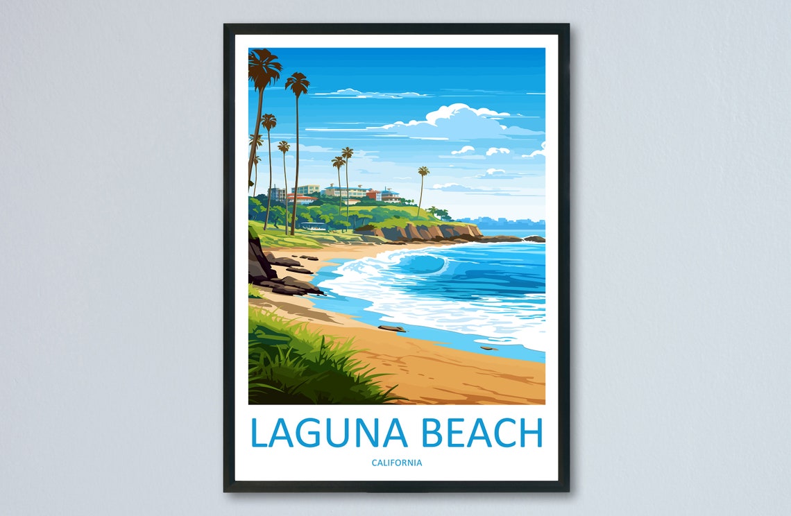 Laguna Beach California Palm Trees Surf Waves Vintage Travel Poster