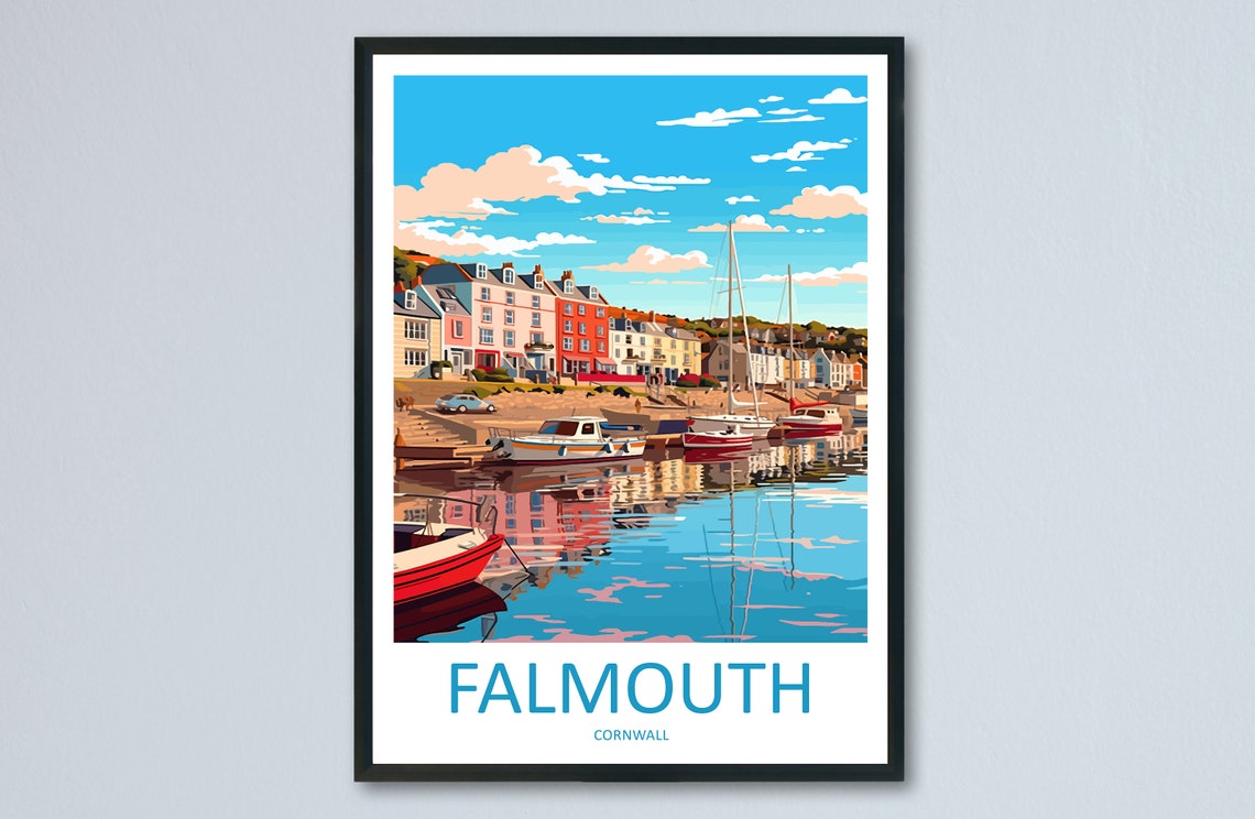 Falmouth Cornwall Harbor Boats Waterfront Travel Illustration Poster