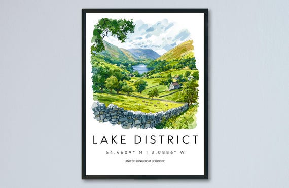 Lake District Watercolor Poster Wall Art Hanging Home Dcor Gift Lovers United Kingdom