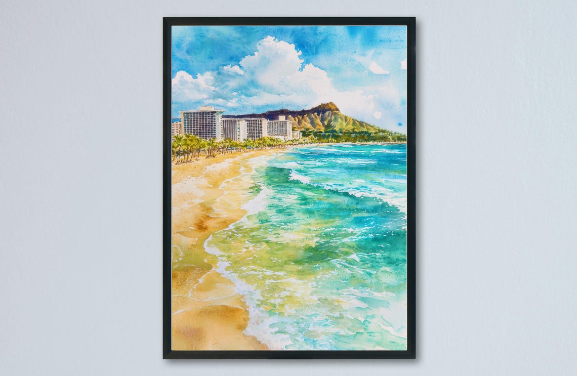 Honolulu Waikiki Beach Diamond Head Watercolor Hawaii Island Poster