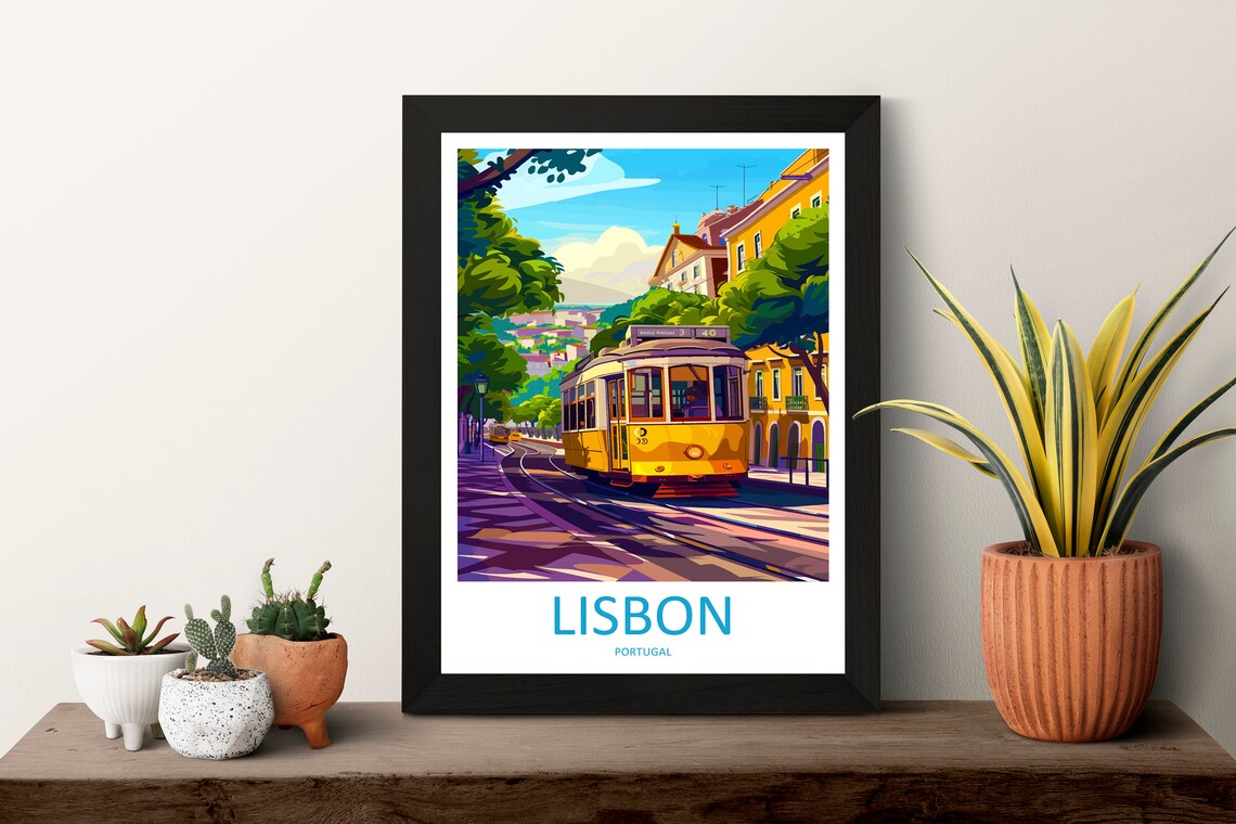 Lisbon Portugal Vintage Sunny Bright Yellow Tram Streetcar Poster - Image 3