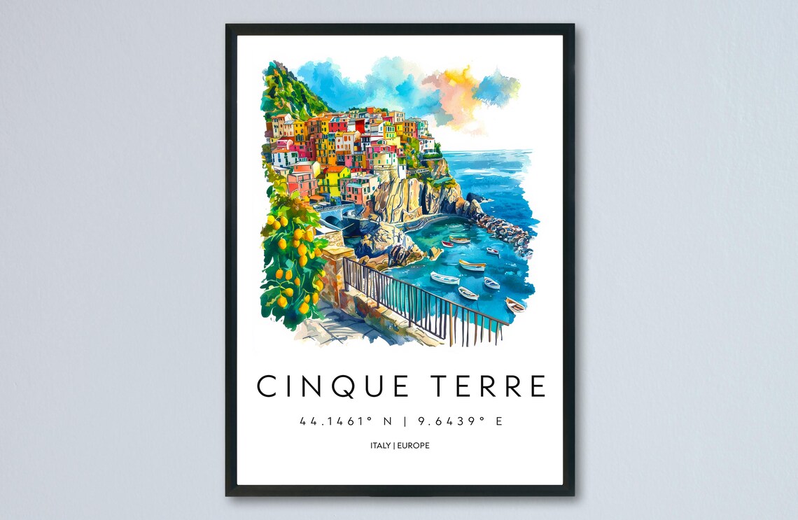 Cinque Terre Italy Watercolor Travel Poster Colorful Cliffside Village