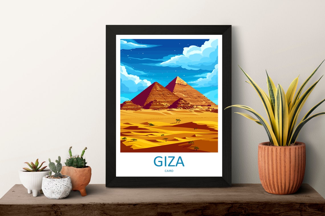 Giza Cairo Egypt Illustrated Pyramids Desert Sunset Travel Art Poster - Image 3