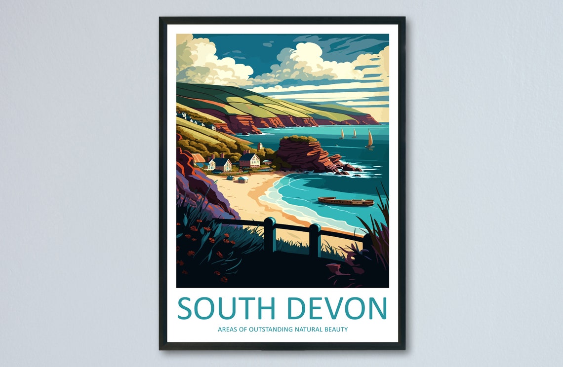 South Devon England Rust Red Cliffs Sandy Cove Sailing Poster