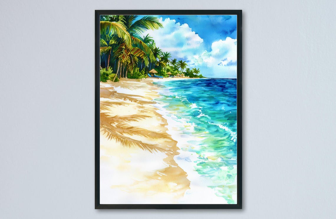 Tropical Beach With Palm Trees and Gentle Ocean Waves Poster