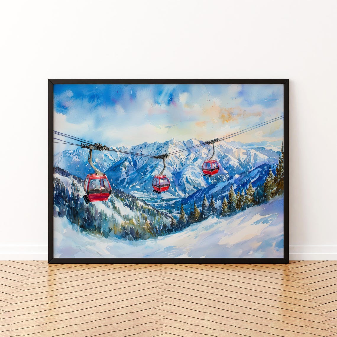 Snowbird Ski Resort Red Gondolas Snowy Watercolor Mountain Poster