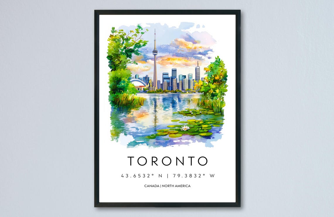Toronto Skyline Watercolor Travel Poster With CN Tower And Coordinates