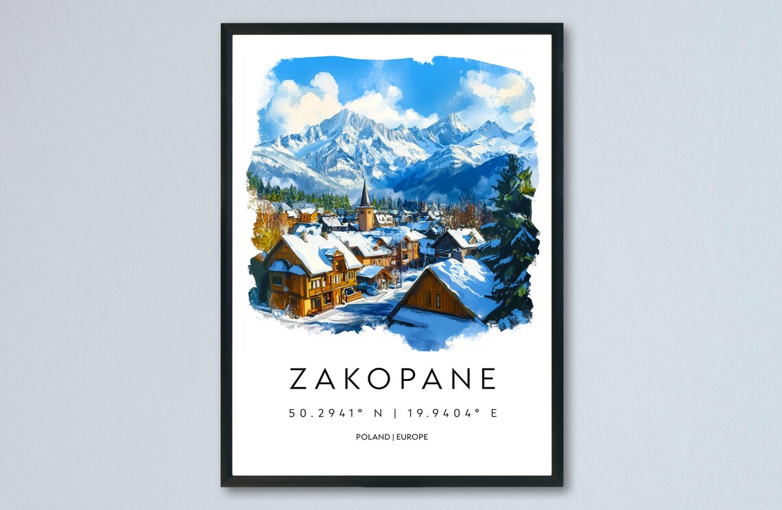Zakopane Poland Snowy Tatra Mountains Village Watercolor Poster