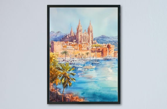 Palma De Mallorca Watercolor Travel Poster, Spain Decor