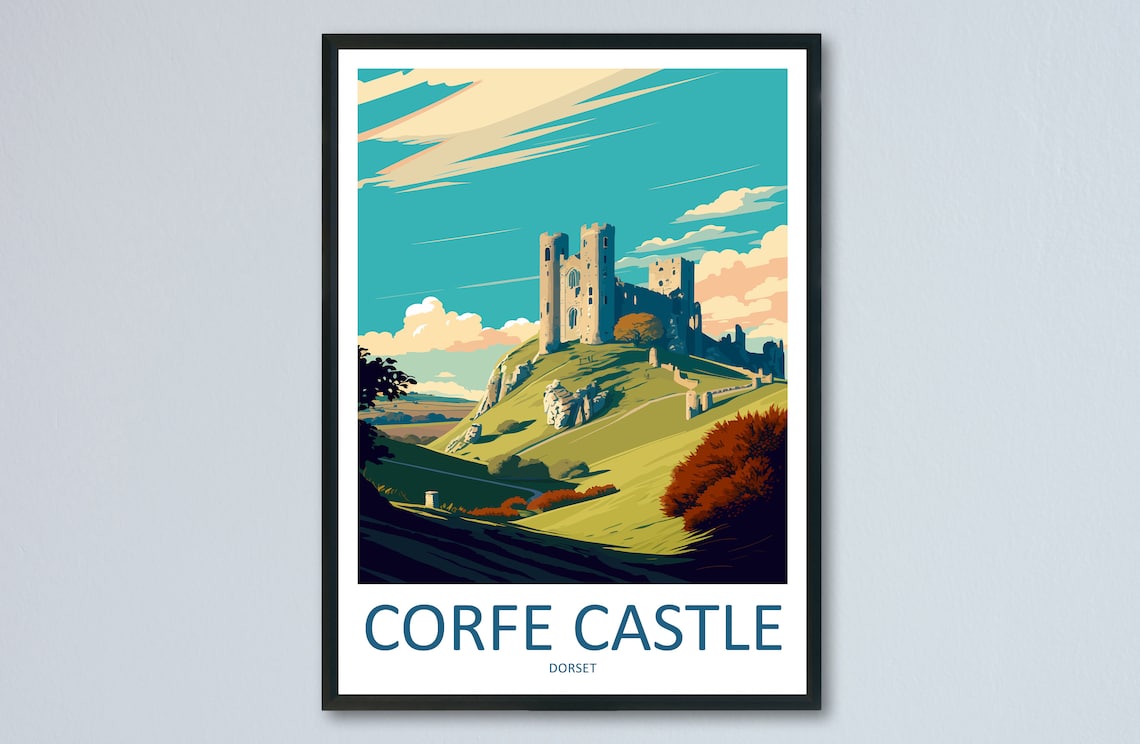 Corfe Castle Travel Poster, England Wall Decor