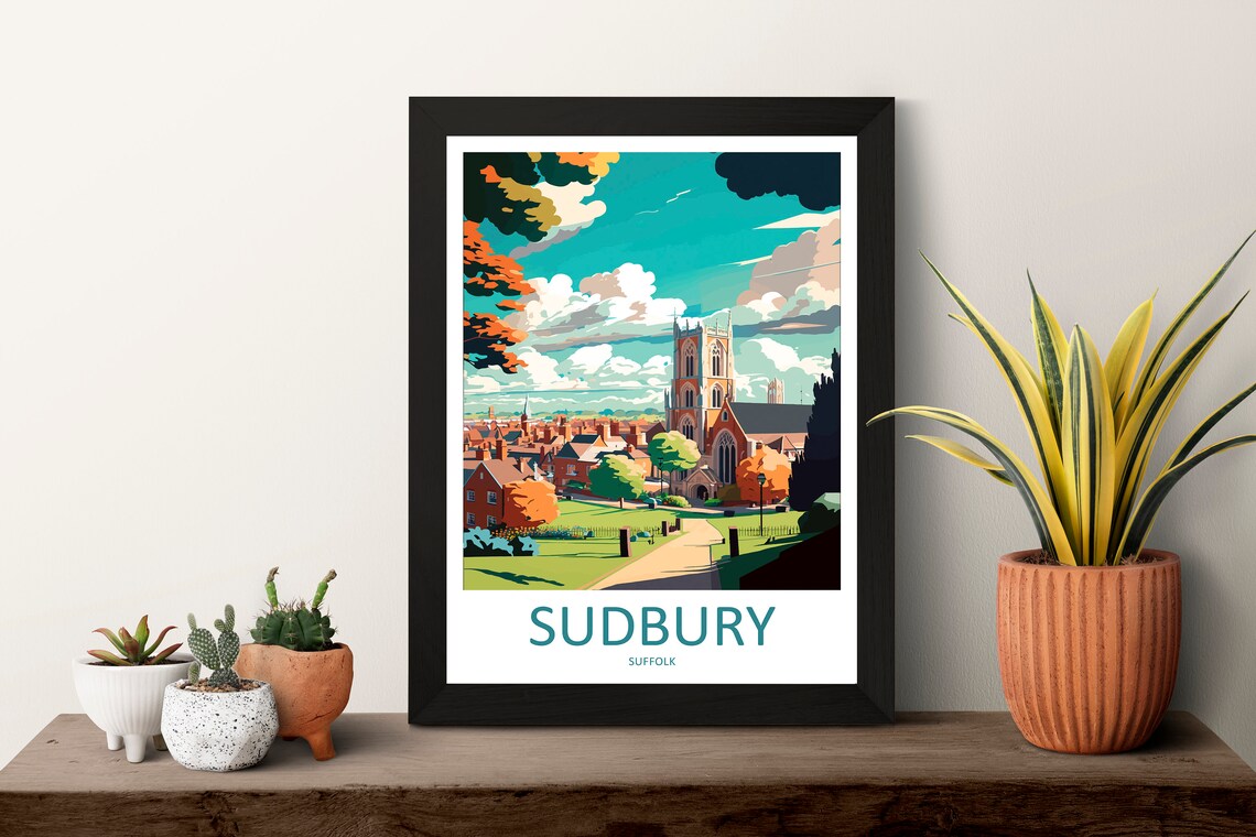 Sudbury Suffolk England Church Town Skyline Colorful Art Travel Poster - Image 3
