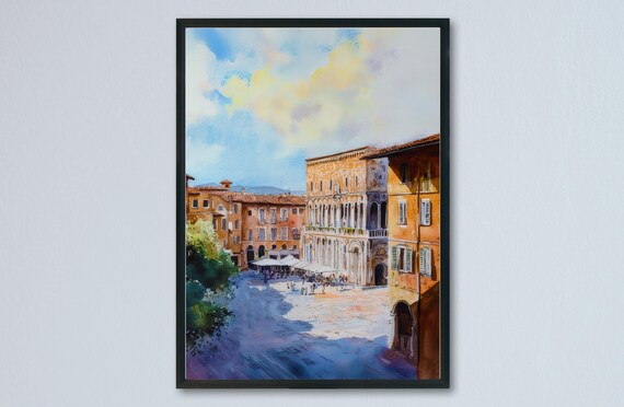 Perugia Umbria Piazza Watercolor Historic Palazzo Cafes Town View Poster