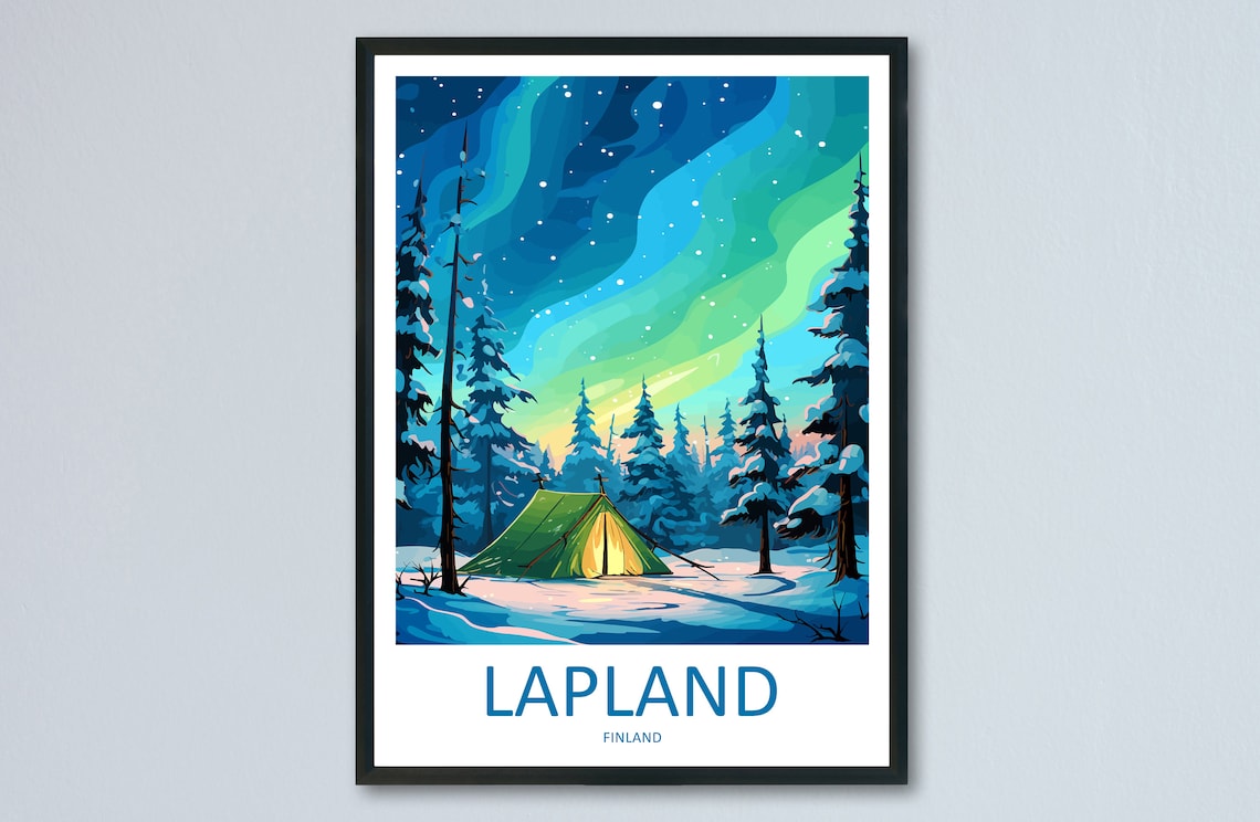 Lapland Travel Poster, Northern Lights Travel Art