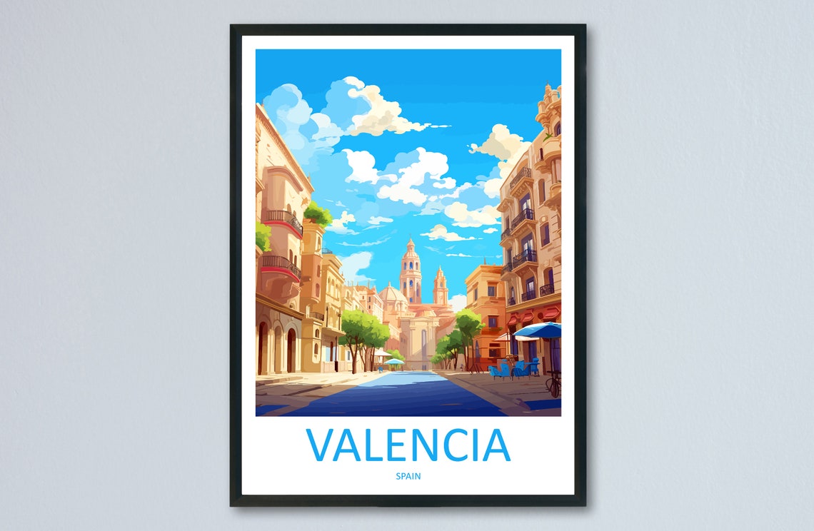 Valencia Spain Old Town Street Cathedral Vintage Travel Art Poster