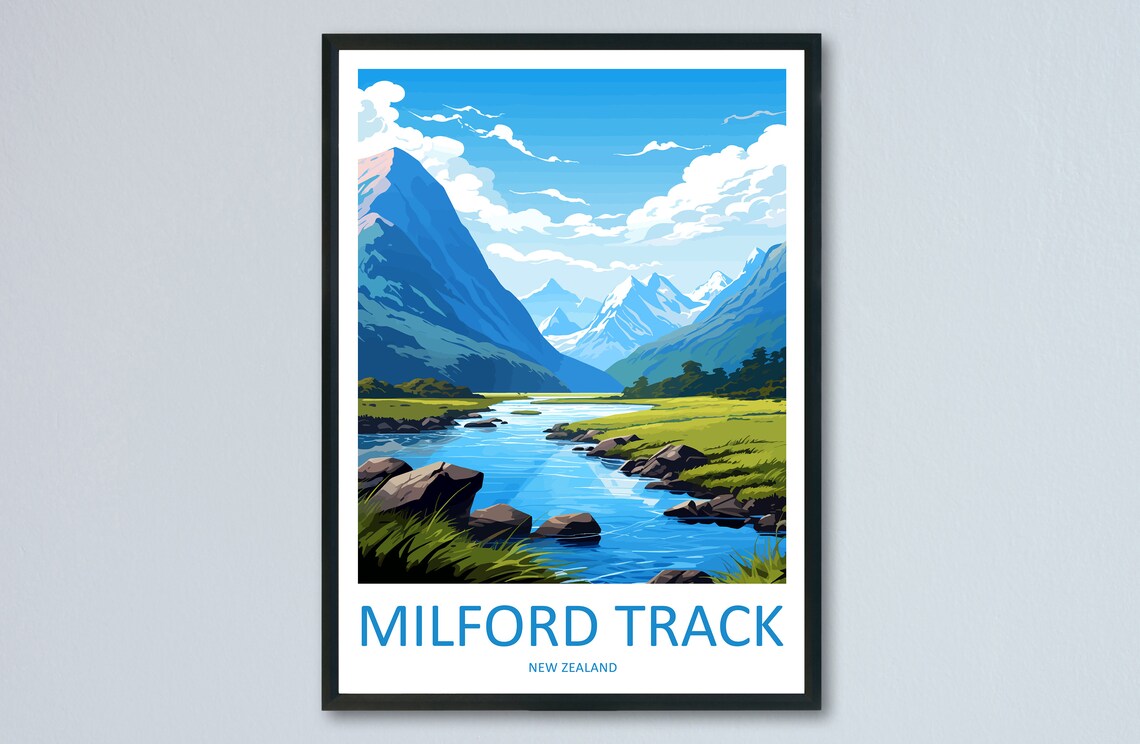 Milford Track New Zealand Mountain Travel Poster With River Peaks