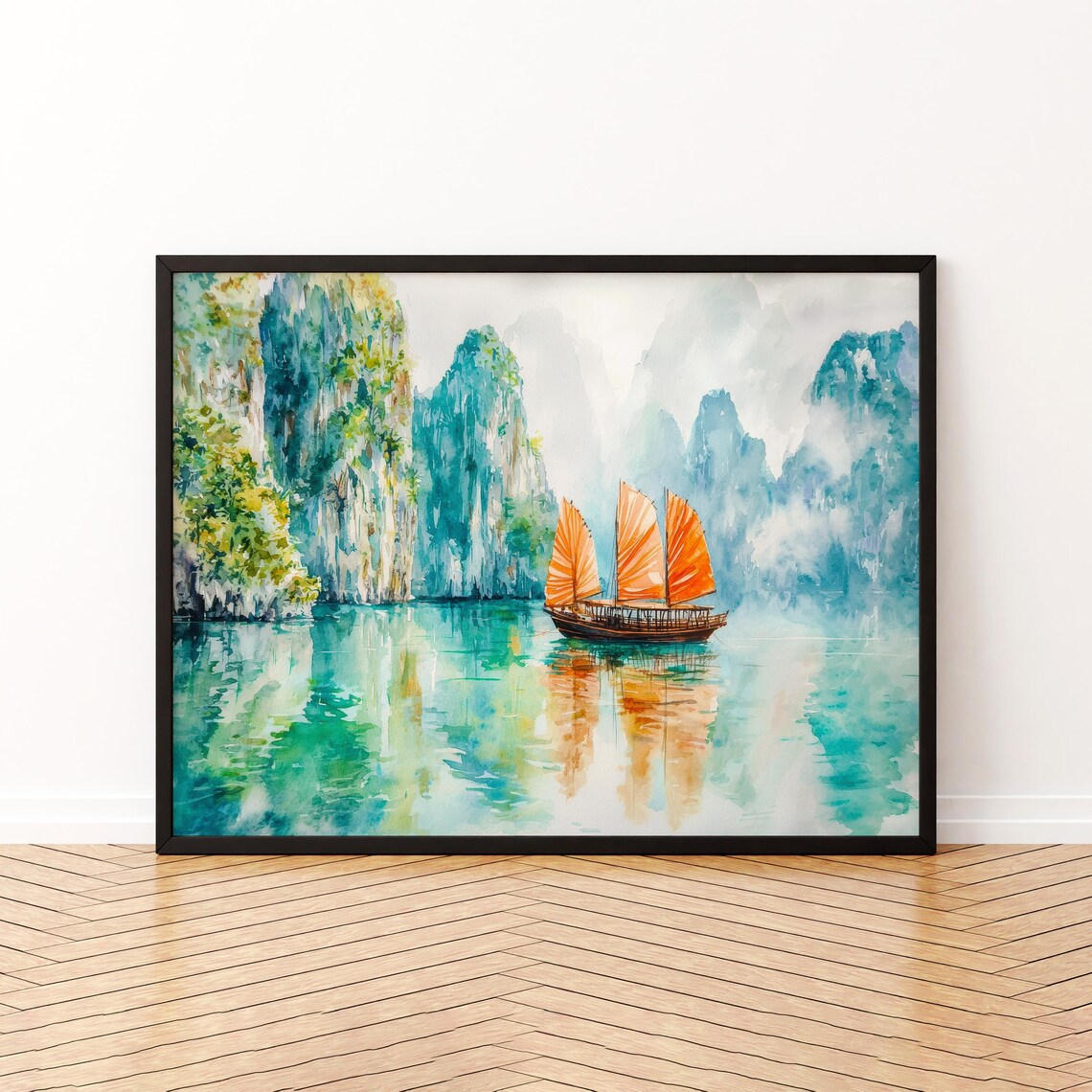 Ha Long Bay Vietnam Watercolor Poster Travel Print Seascape Painting Limestone Islands Wall Art Asia Souvenir