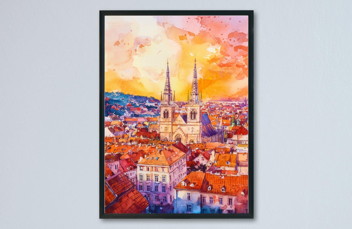 Zagreb Cathedral Spires Sunset Rooftops Watercolor Travel Poster
