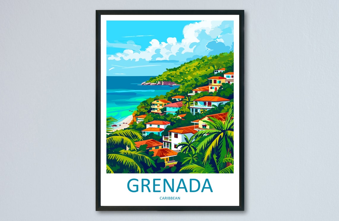 Grenada Caribbean Hillside Village Red Roofs Tropical Travel Poster