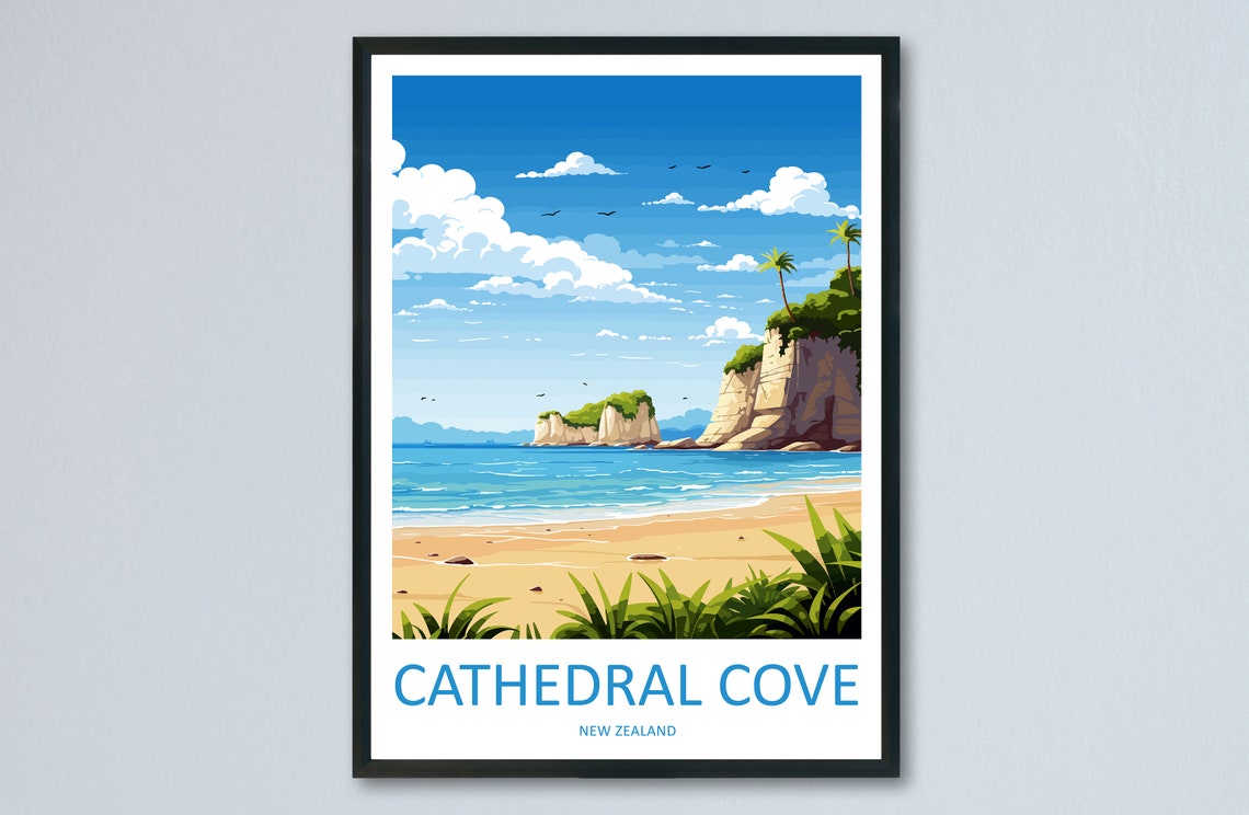 Cathedral Cove New Zealand Headland Palms Sandy Beach Poster