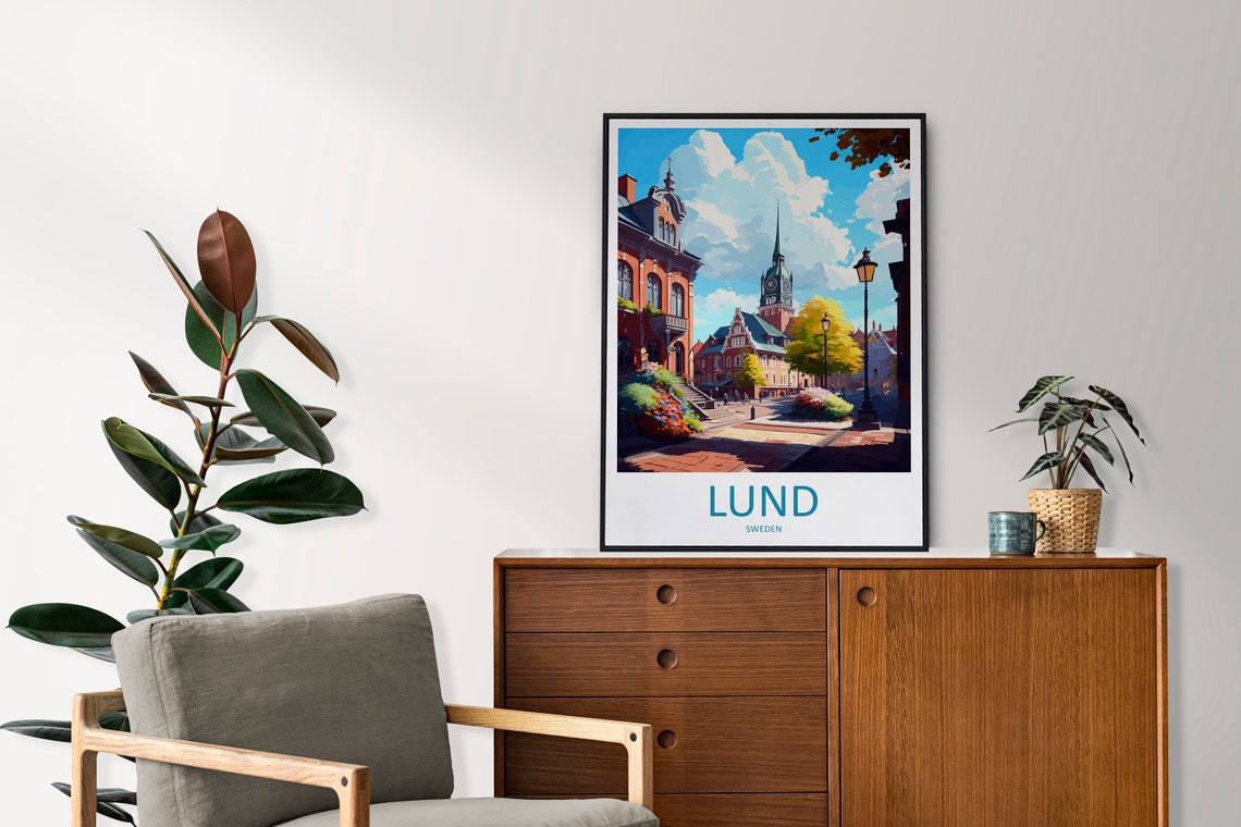 Lund Cathedral Old Town Street Summer Scene Travel Poster Sweden - Image 2