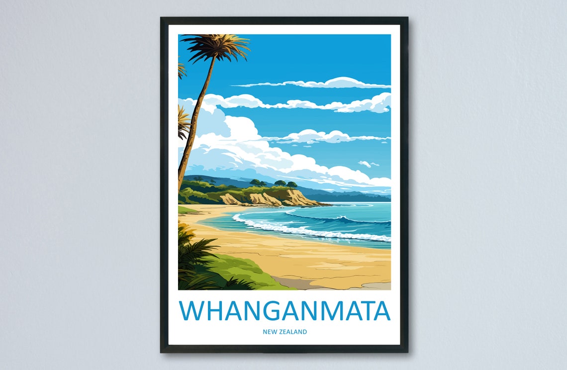 Whanganmata New Zealand Leaning Palm Golden Surf Beach Poster