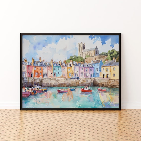 Tenby Wales Watercolor Poster Colorful Harbor Houses Church Boats Art