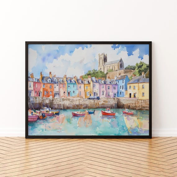 Tenby Watercolor Poster Coastal Town Wall Art Hanging Home Dcor Gift Lovers Wales