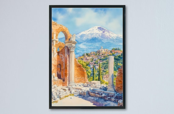 Taormina Ancient Theatre Watercolor Mount Etna Ruins Sicily View Poster