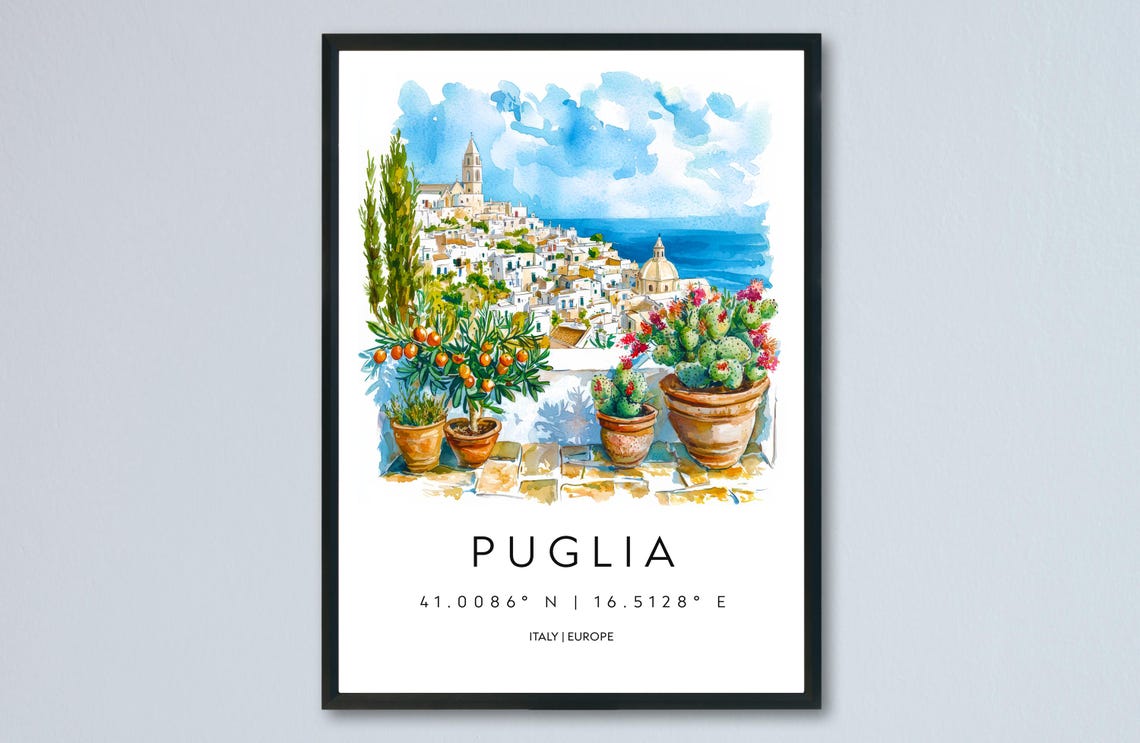 Puglia Italy White Town Coast Terrace Watercolor Travel Poster