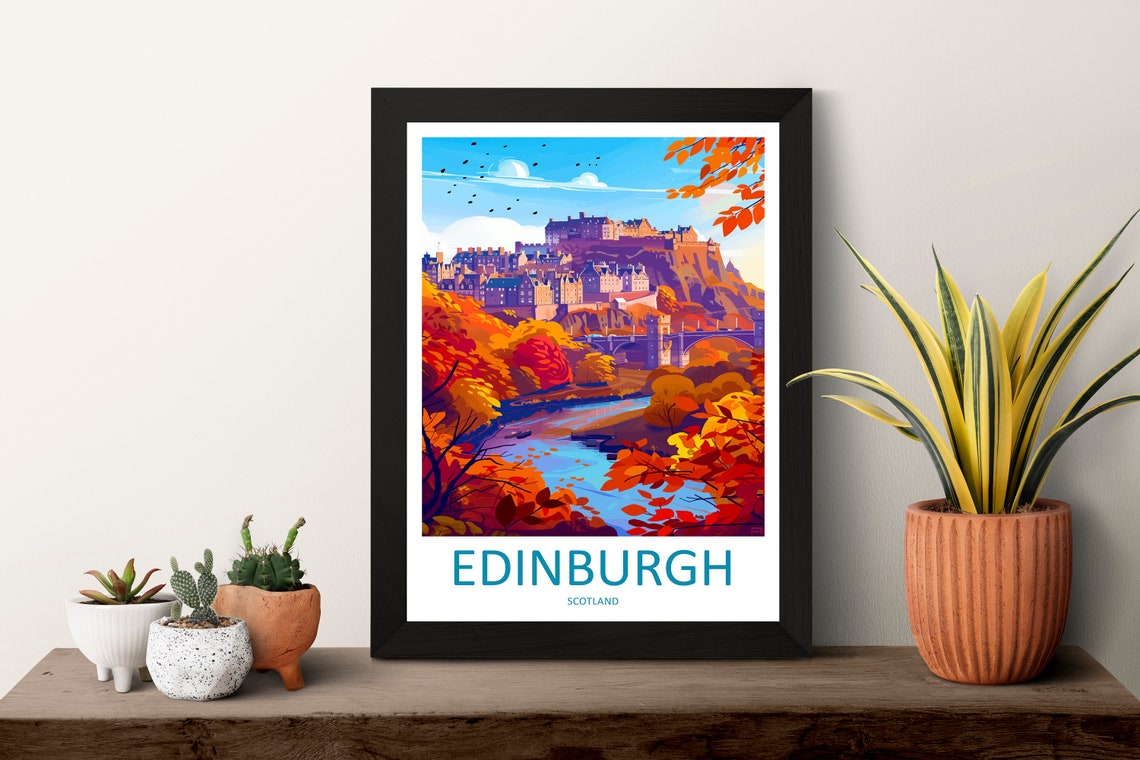 Edinburgh Scotland Castle Autumn Hillside City View Scene Poster - Image 3