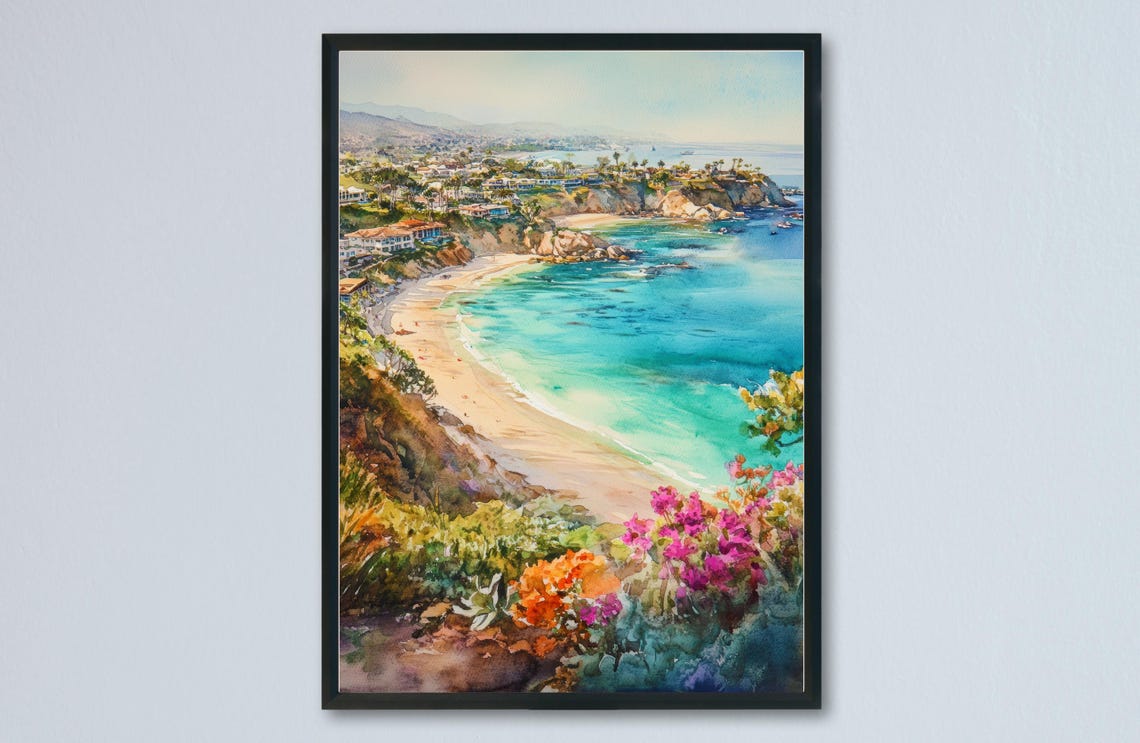 Laguna Beach California Cliffside Cove Watercolor Travel Poster