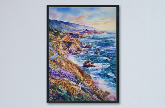 Monterey Big Sur Coast Cliffs Ocean Highway Watercolor Poster