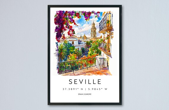 Seville Spain Giralda Tower Terrace Watercolor Cityscape Poster