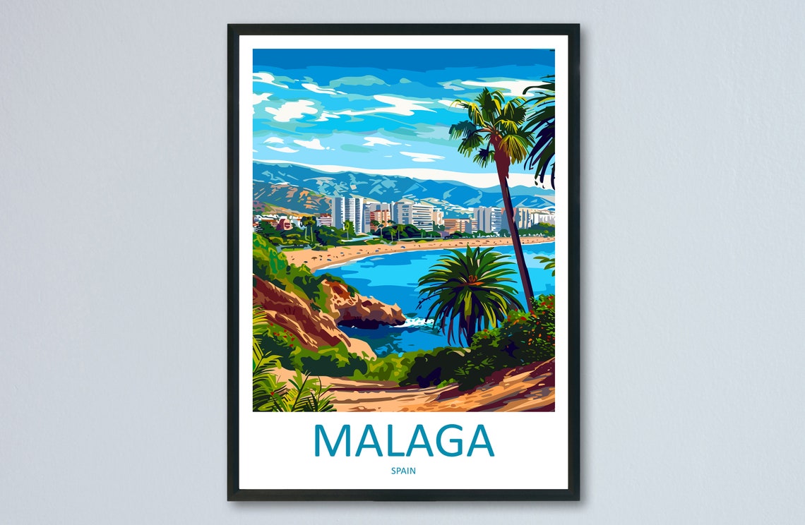 Malaga Spain Golden Beach Bay Palms Mountains Coastal City Poster