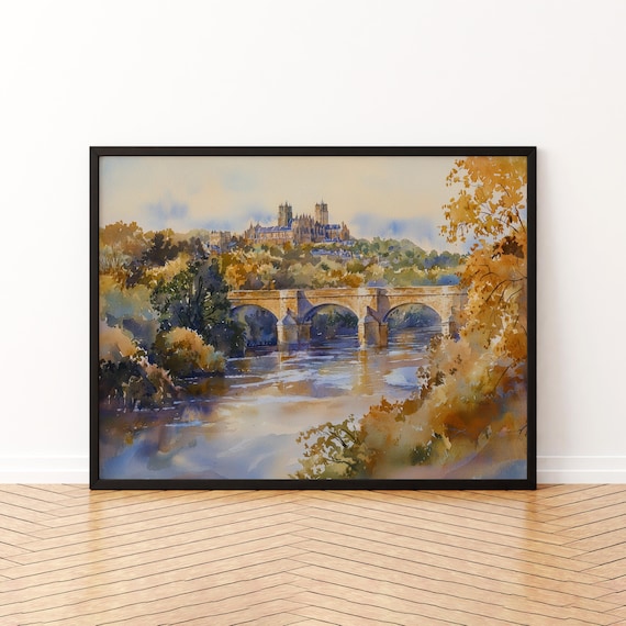 Durham Cathedral River Bridge Autumn Watercolor English City Poster