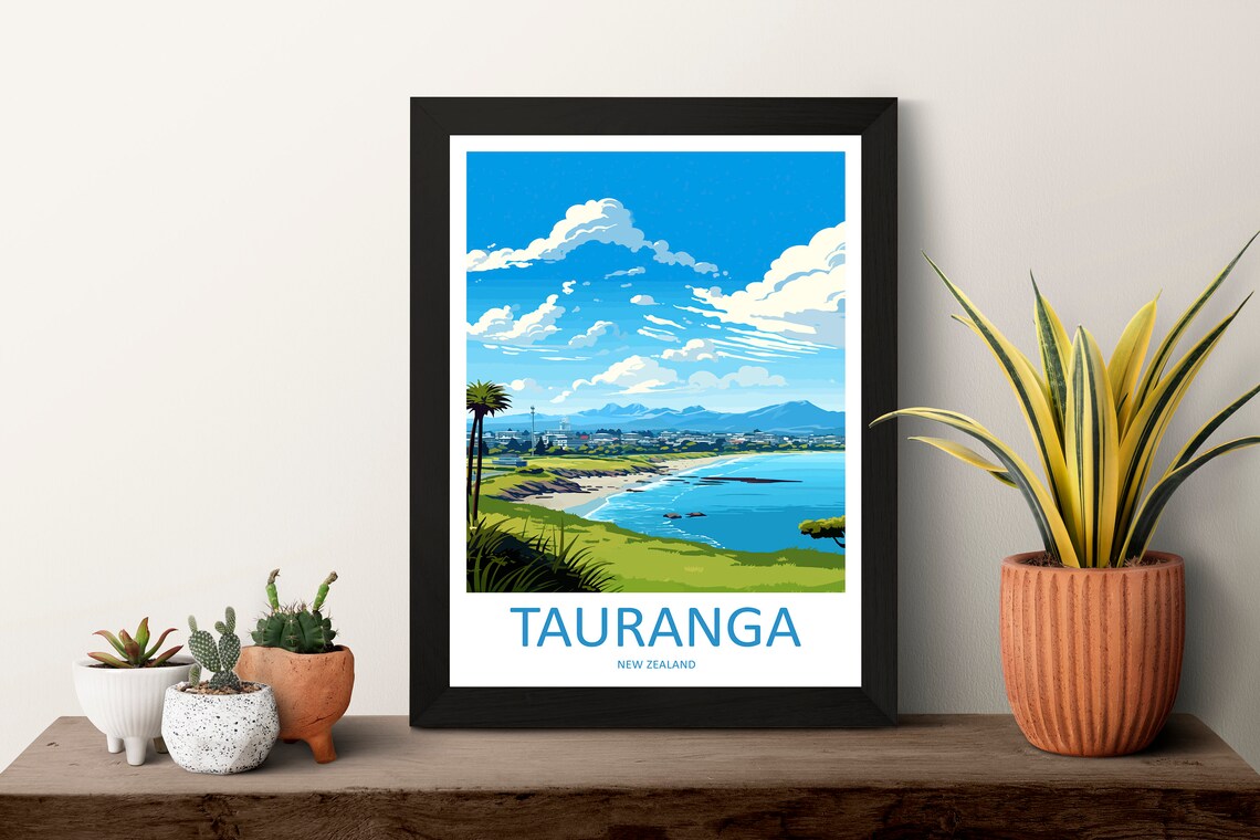 Tauranga New Zealand Coastal Bay and Green Headland Travel Poster - Image 3
