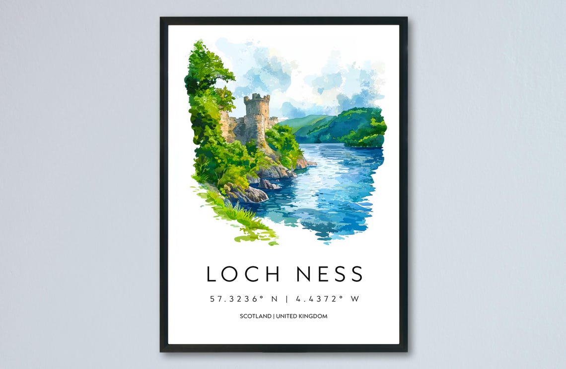 Loch Ness Urquhart Castle Ruins Shoreside Scotland Watercolor Poster