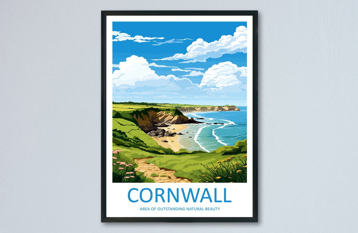 Cornwall England Coastline Cliffs Beach Blue Style Travel Poster