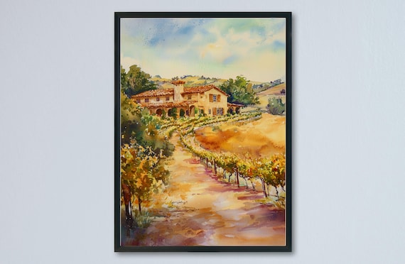 Tuscan Villa Vineyard Golden Hour Watercolor Italy Farmhouse Poster