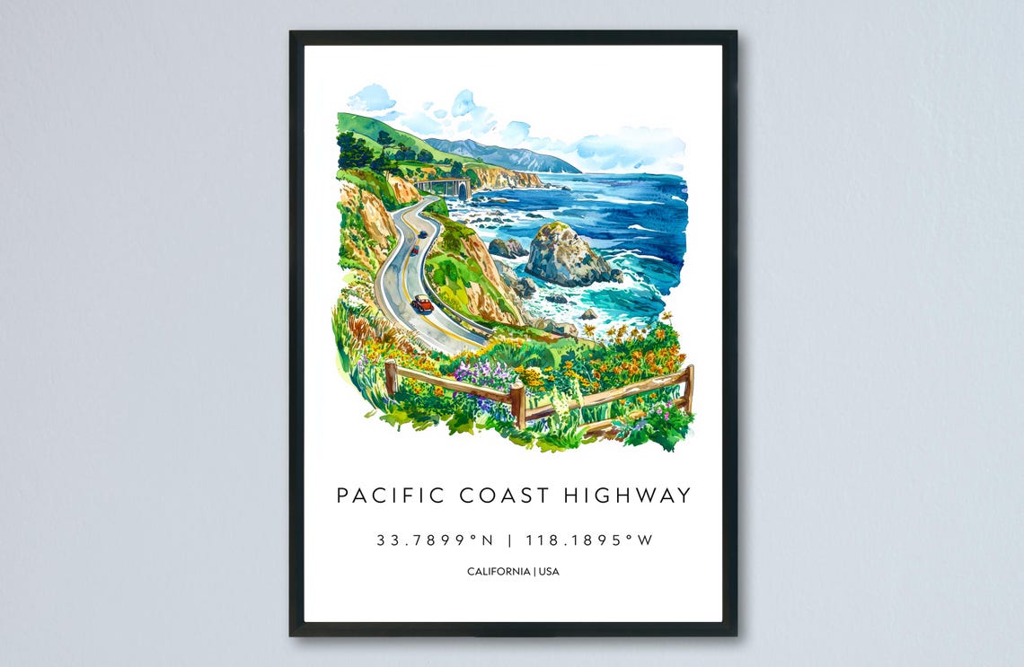Pacific Coast Highway Watercolor California Scenic Drive Poster