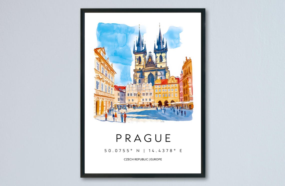 Prague Old Town Square and Tyn Church Watercolor Travel Poster