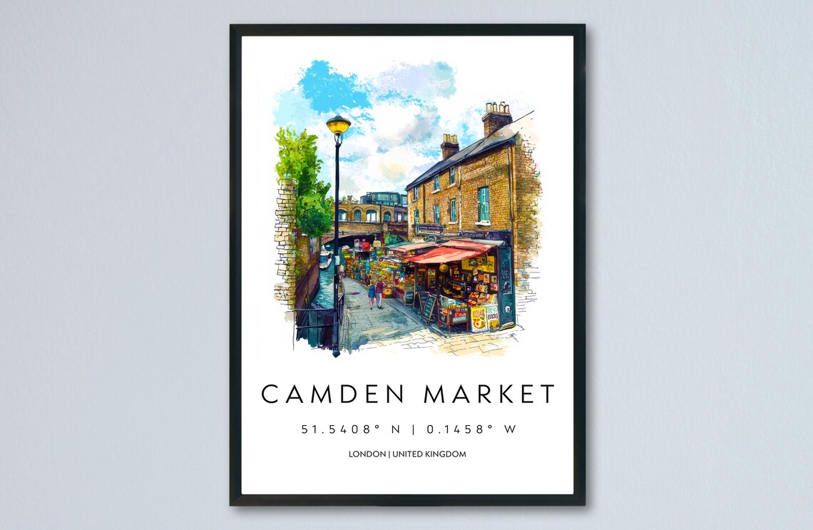 Camden Market Colorful London Canal Street Scene Watercolor Poster