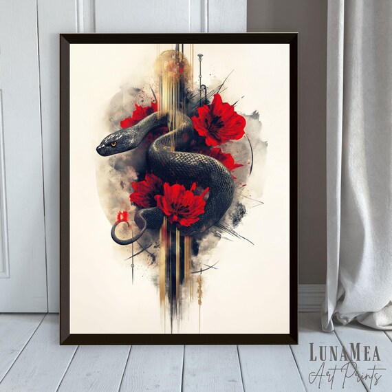 Black Snake Coiled Among Red Poppies Abstract Zodiac Floral Wall Art