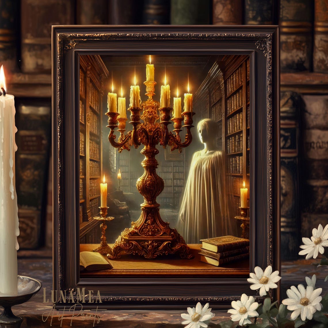 Ghost in a Library Spooky Halloween Painting Candelabra Books Wall Art - Image 2