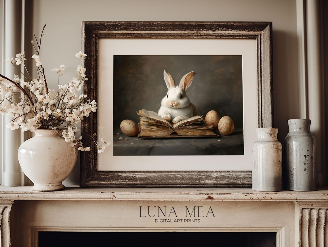 Vintage White Bunny Reading Antique Book With Painted Easter Eggs Art Poster - Image 2