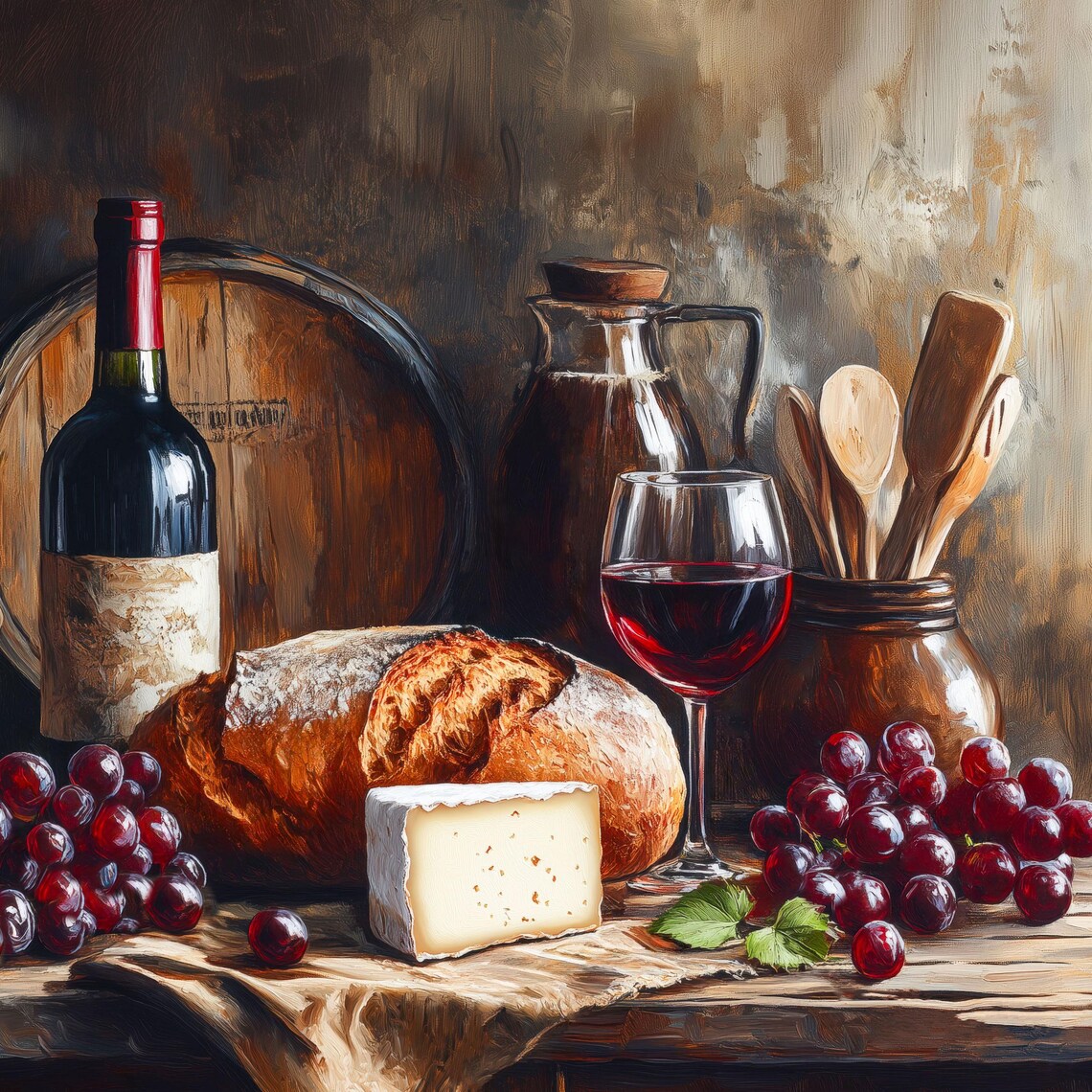 Rustic Still Life With Wine Cheese Bread And Grapes Vintage Kitchen Poster - Image 3
