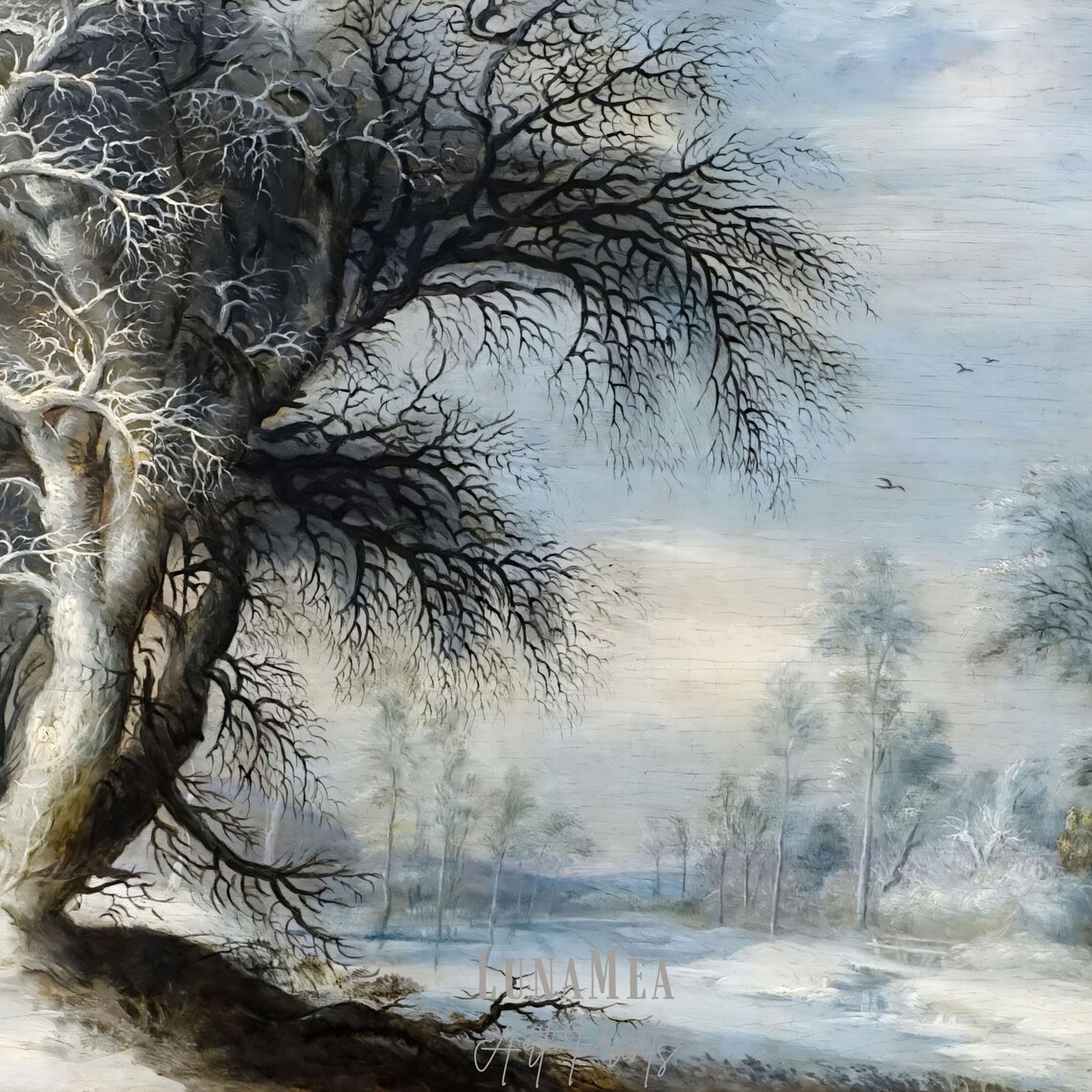 Vintage Winter Landscape Frosty Trees Frozen River Pale Sky Painting Wall Art - Image 3