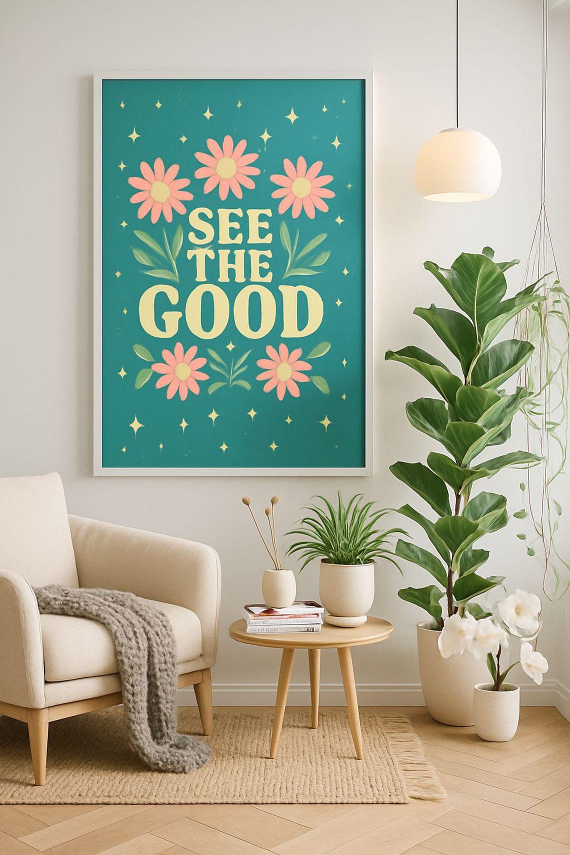 See The Good Cheerful Pink Floral Daisy Teal Wall Quote Poster