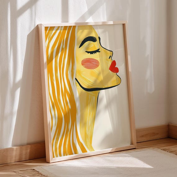 Golden Hair Woman Portrait Side Profile Wall Art Print With Red Lips And Closed Eyes Modern Abstract Decor